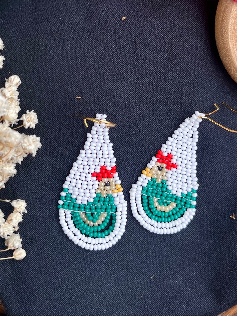 Chicken Handmade Beaded Drop Earrings (Teal Multicolor)